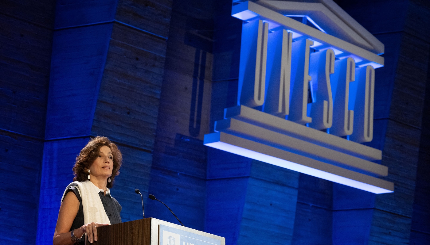 La présidente de l'Unesco Audrey Azoulay annonce la demande de retour des États-Unis au sein de l'institution, Paris, 12 juin 2023.