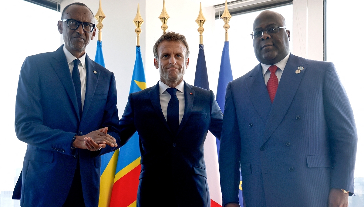 De gauche à droite : le président rwandais Paul Kagame et ses homologues français, Emmanuel Macron, et congolais, Félix Tshisekedi, à New York (États-Unis), le 21 septembre 2022.