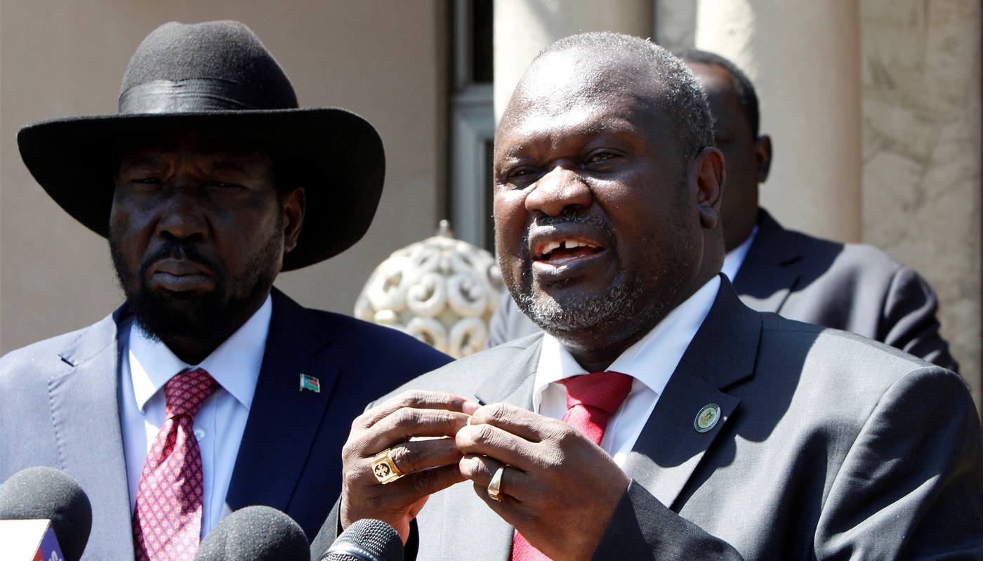 Le président sud-soudanais, Salva Kiir, et le vice-président, Riek Machar, à Djouba, ici en décembre 2019.