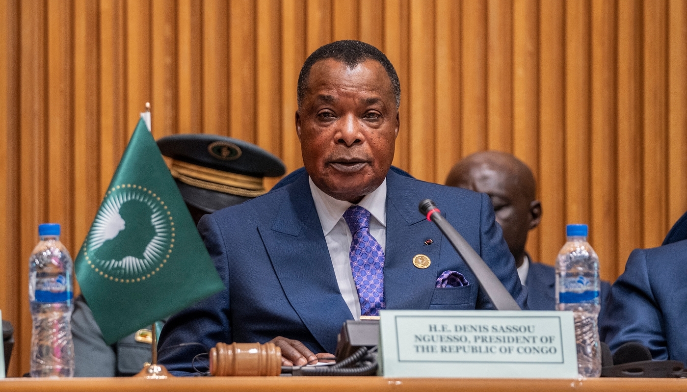 Le président congolais Denis Sassou-Nguesso au siège de l'Union africaine, à Addis-Abeba, en Éthiopie, le 14 février 2025.