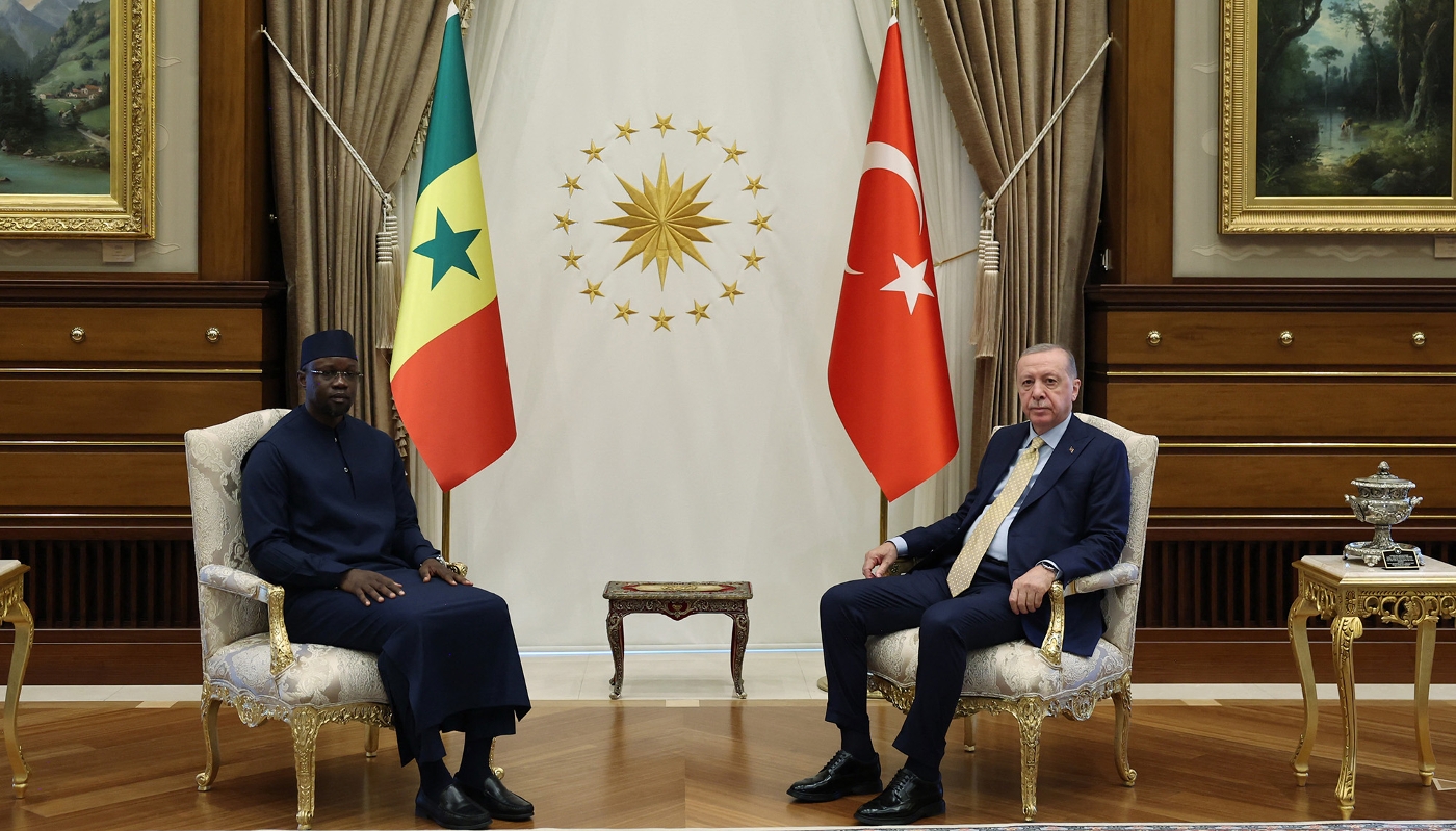 Le premier ministre sénégalais Ousmane Sonko est reçu par Recep Tayyip Erdogan au palais présidentiel, à Ankara, le 7 août 2025.