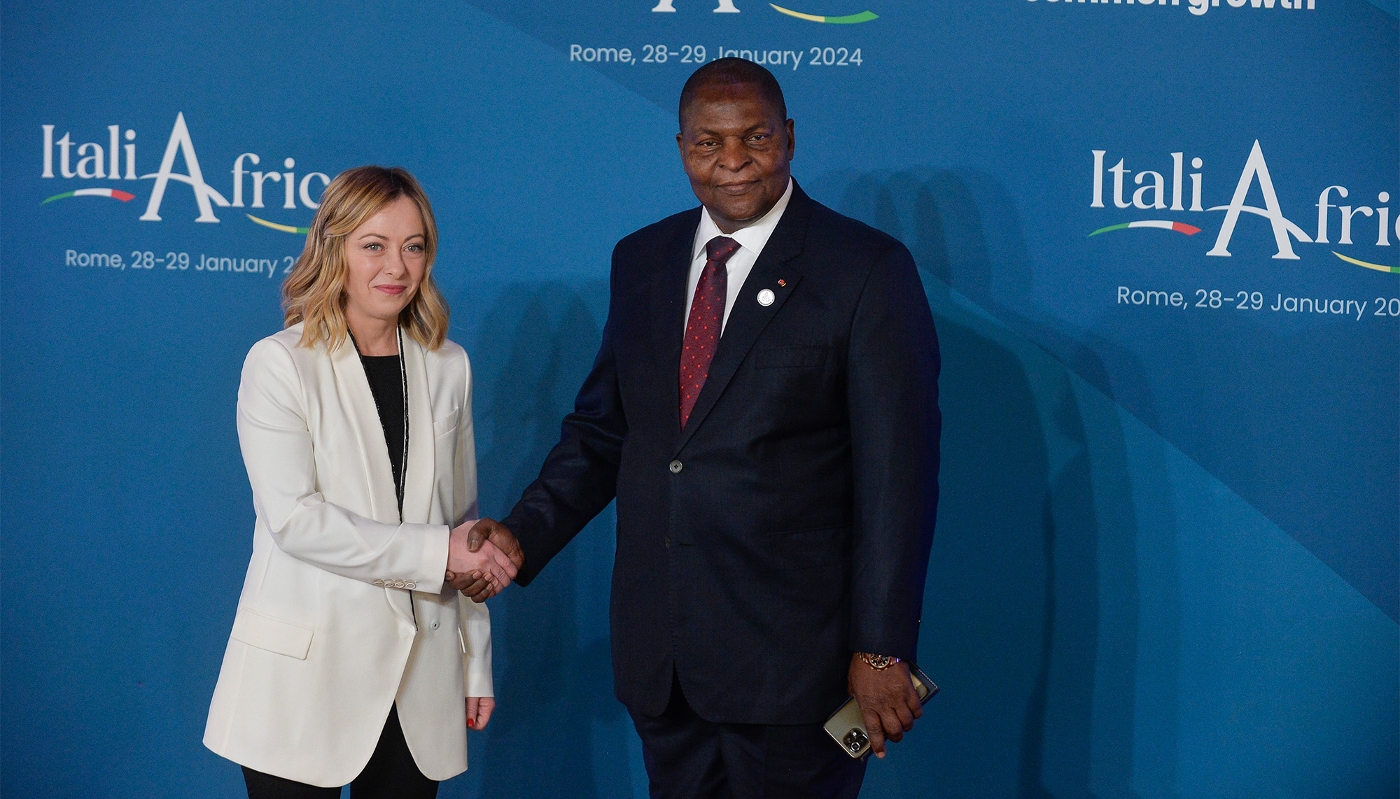 La première ministre italienne, Georgia Meloni, avec le président centrafricain Faustin-Archange Touadéra, à Rome, en janvier 2024.