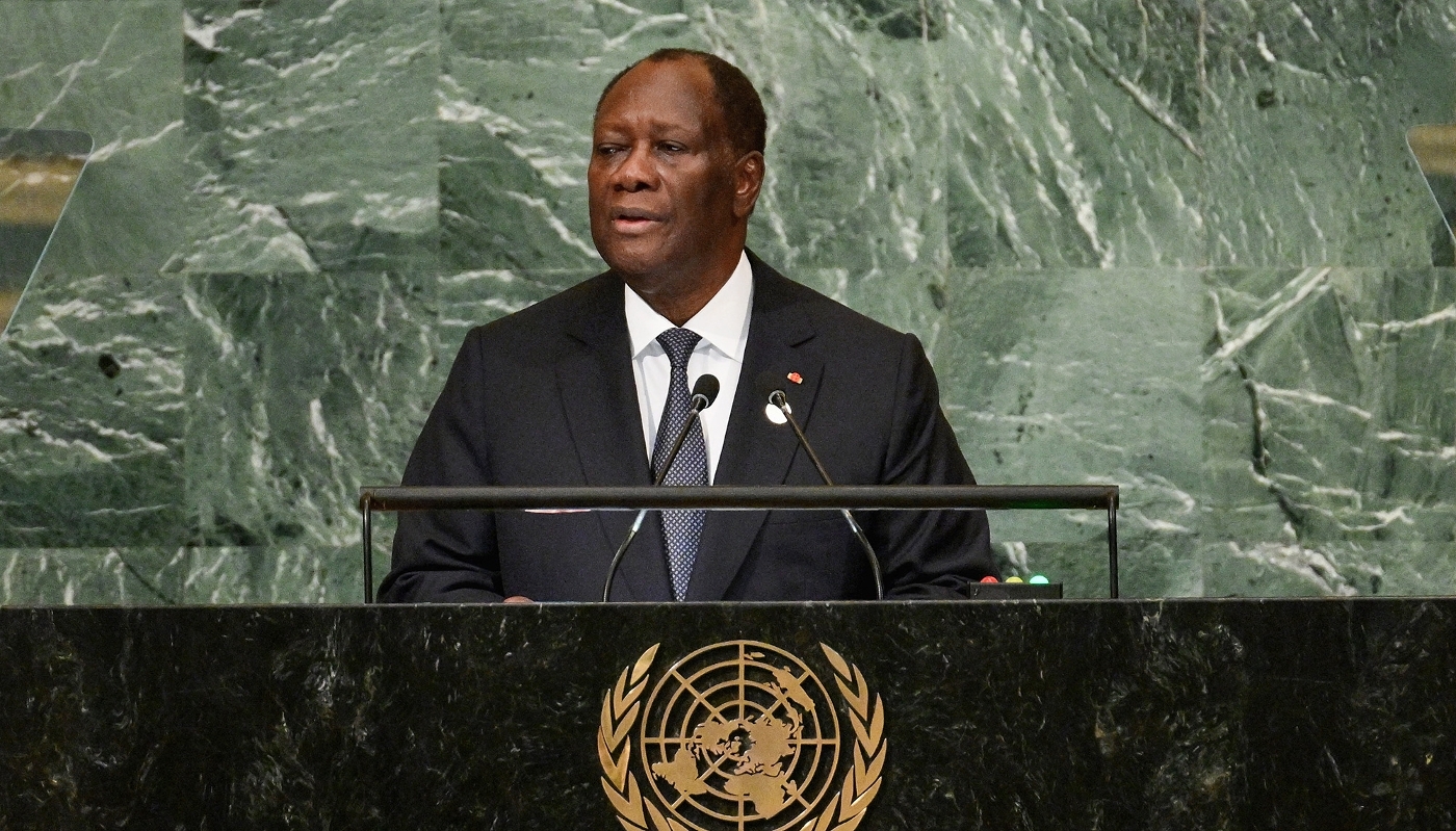 Alassane Ouattara à la tribune de l'ONU, à New York, le 21 septembre 2022.