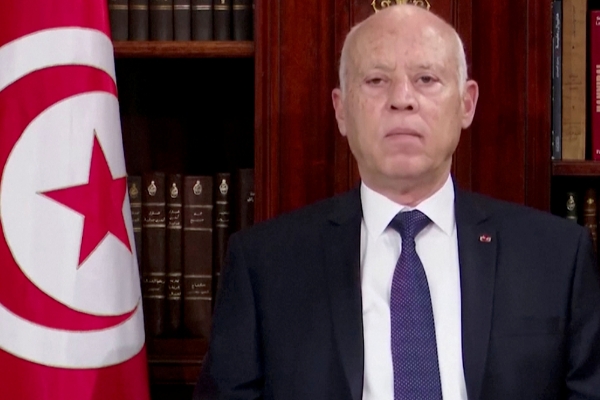 Le président tunisien Kaïs Saïed, lors d'un discours télévisé à la nation, le 25 juillet 2021.