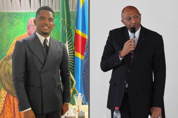 Samuel Eto'o (à gauche), ancien international et star planétaire du football, et Seidou Mbombo Njoya, président sortant par intérim de la Fecafoot sont candidats pour prendre la tête de la Fédération camerounaise de football.