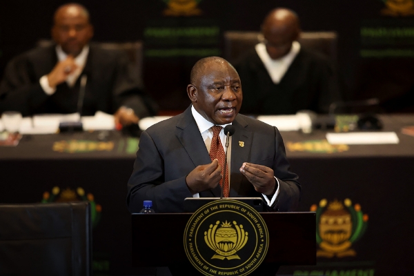 Le président sud-africain Cyril Ramaphosa lors de son discours à la nation, au Cap, le 9 février 2023.